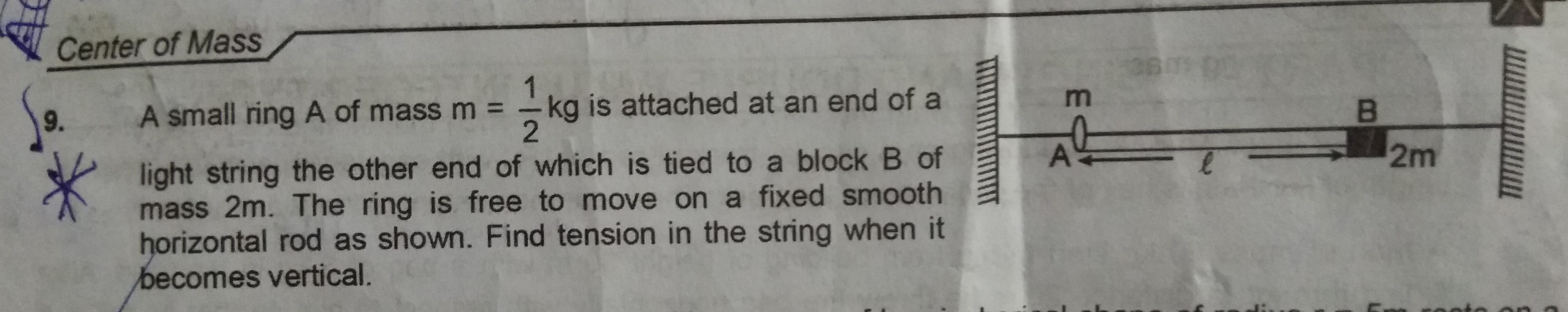 Question image for A small ring A of mass = 1/2 kg is attached at an